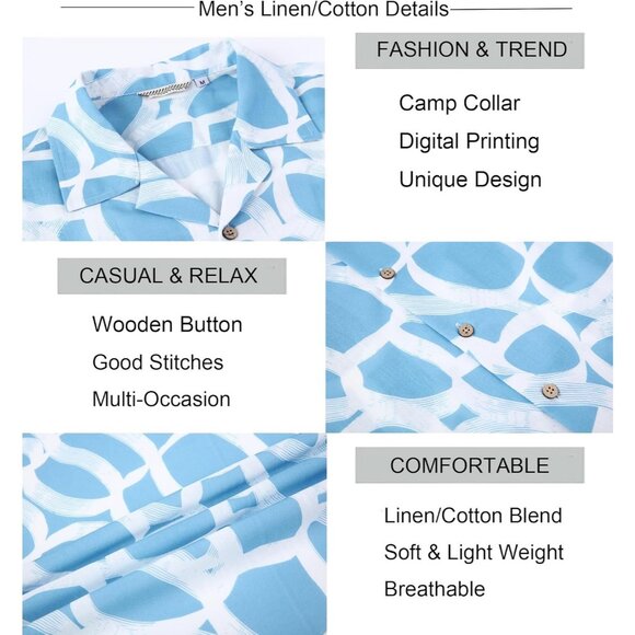 Men Blue White Short Sleeve Button Up Casual Shirt Lightweight Summer Beach - Picture 5 of 5